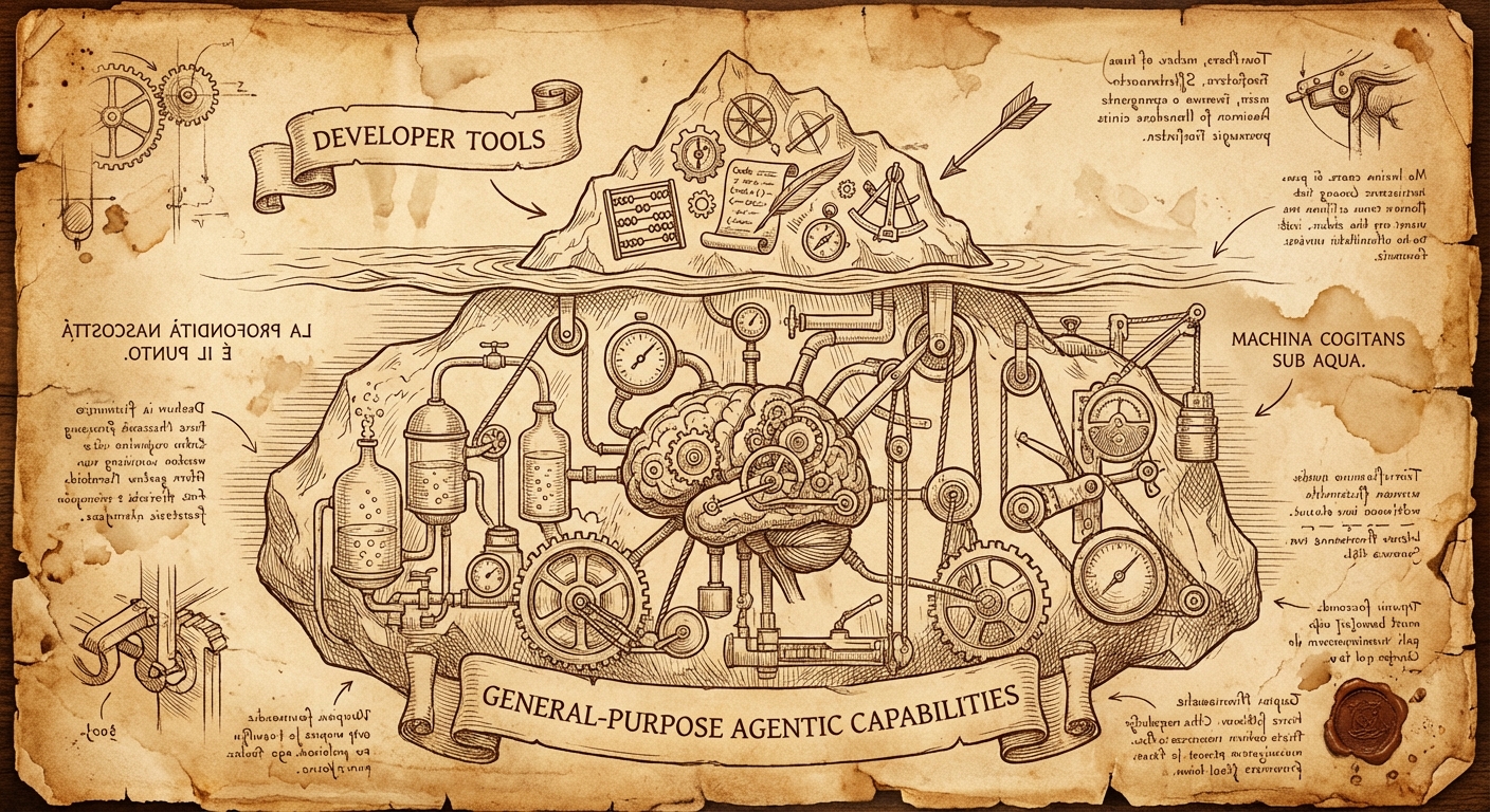 An iceberg showing developer tools above water but general-purpose agentic capabilities below the surface