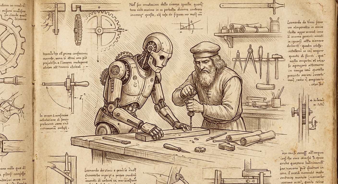 Chalk drawing of a human and robot working together productively at a desk