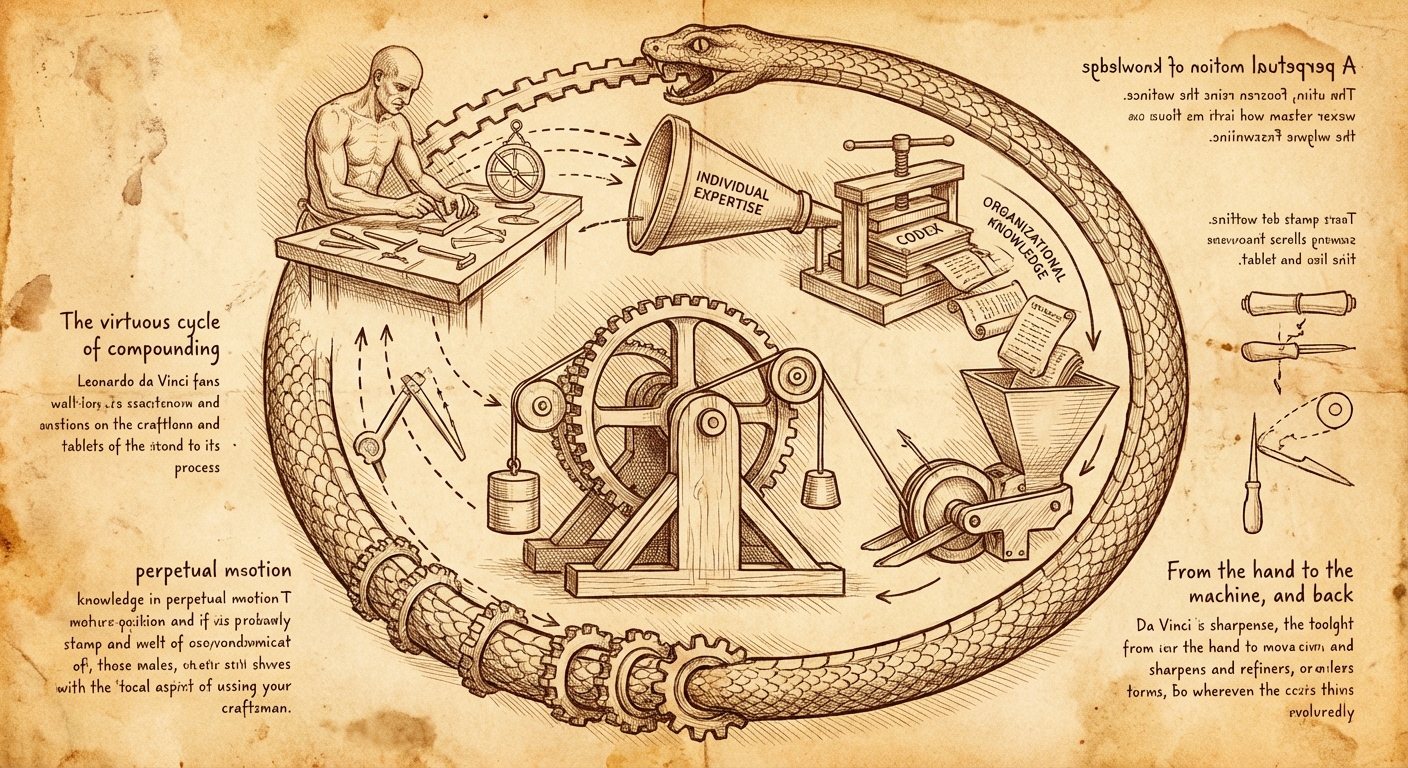 Chalk drawing of a virtuous cycle showing expertise compounding into organizational code