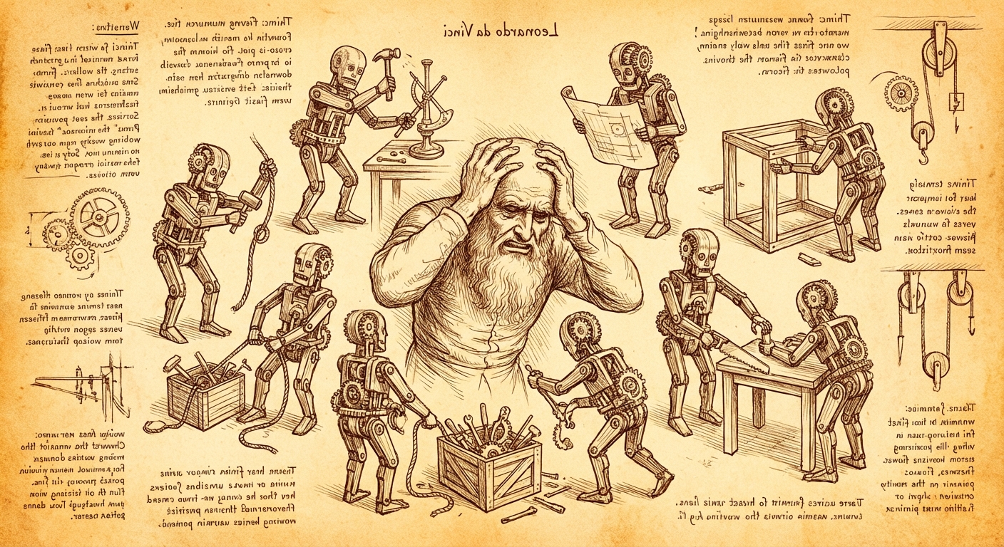 Chalk drawing of one overwhelmed manager surrounded by chaotic AI robot interns