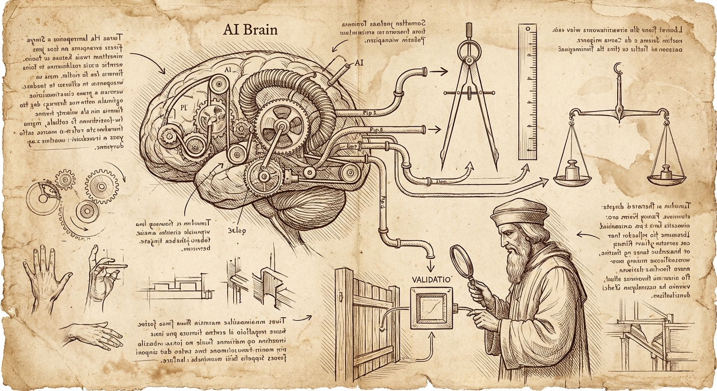 Workflow diagram showing AI orchestrating deterministic tools with human validation gates