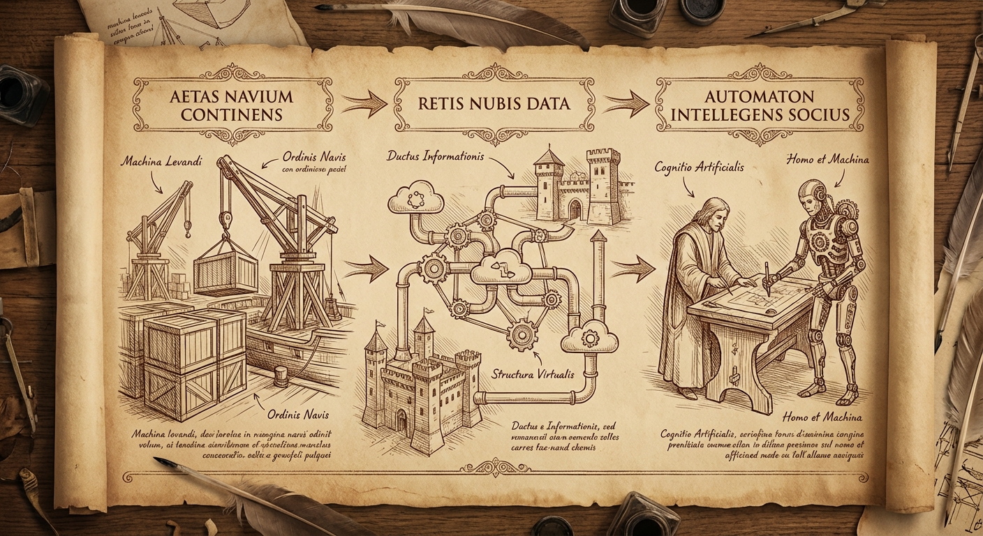 Chalk timeline showing containers, cloud apps, and AI assistants as the same adoption pattern