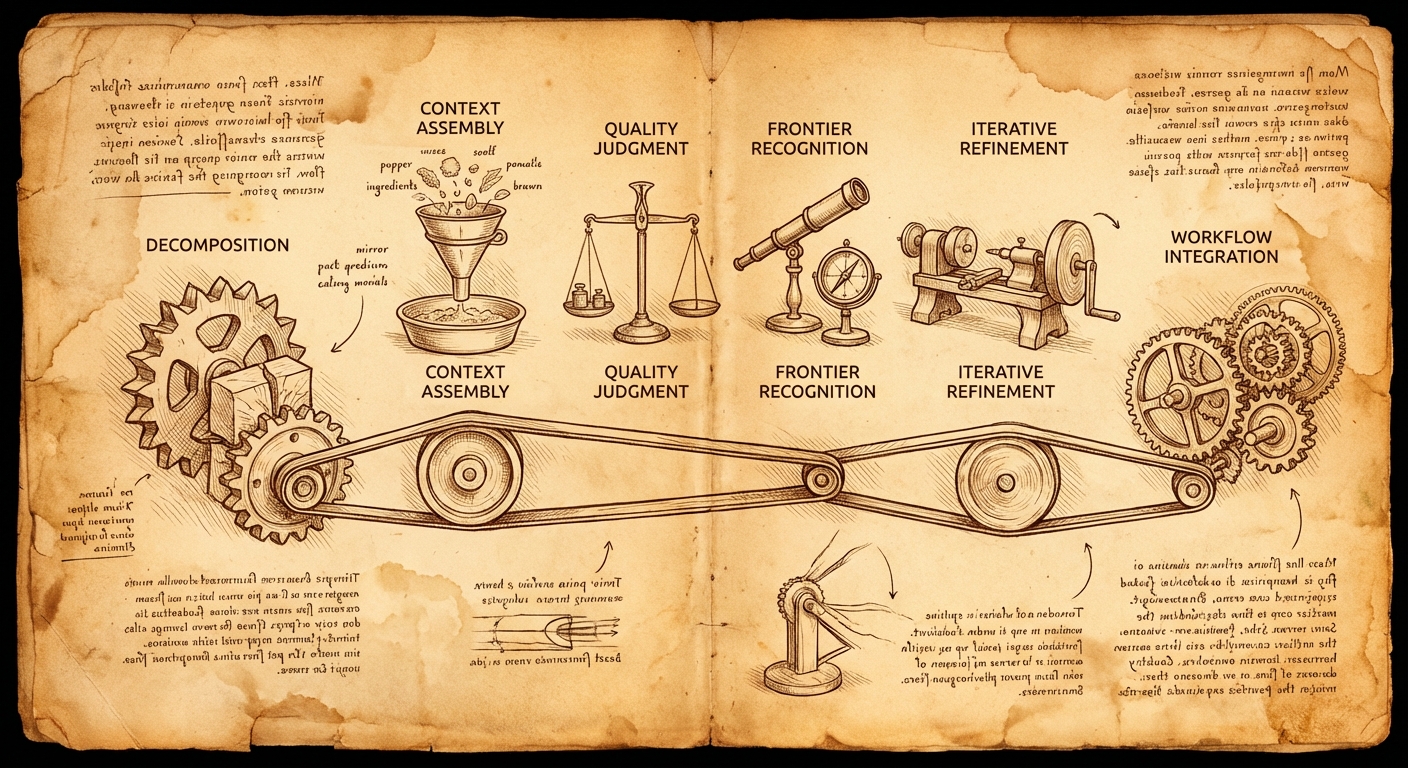 The six skills arranged as a sequential workflow: decomposition leads to context assembly, then quality judgment, iterative refinement, and workflow integration