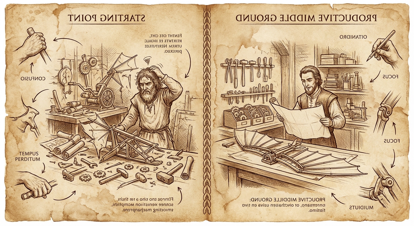 Comparison table: Starting Point shows vague prompts, accepting first drafts, and using AI only when stuck. Productive Middle Ground shows specific detailed prompts, iterative refinement, and AI as part of default workflow.