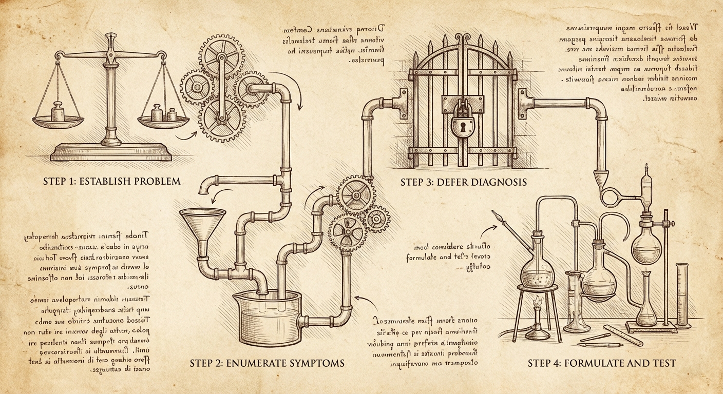 Flowchart showing the four steps: Establish Problem, Enumerate Symptoms, Defer Diagnosis, and Formulate & Test
