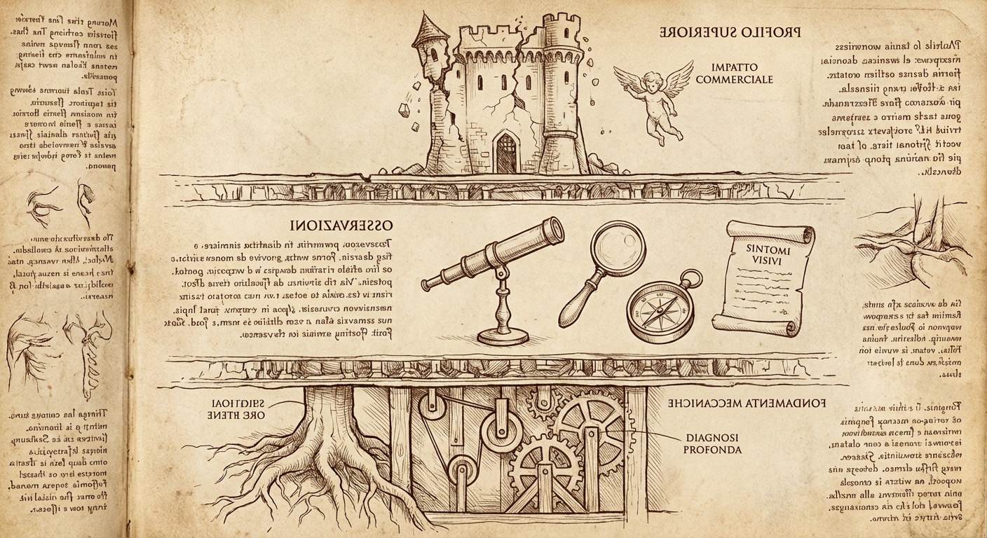 Three-layer troubleshooting model showing Problems, Symptoms, and Diagnoses as distinct abstraction levels